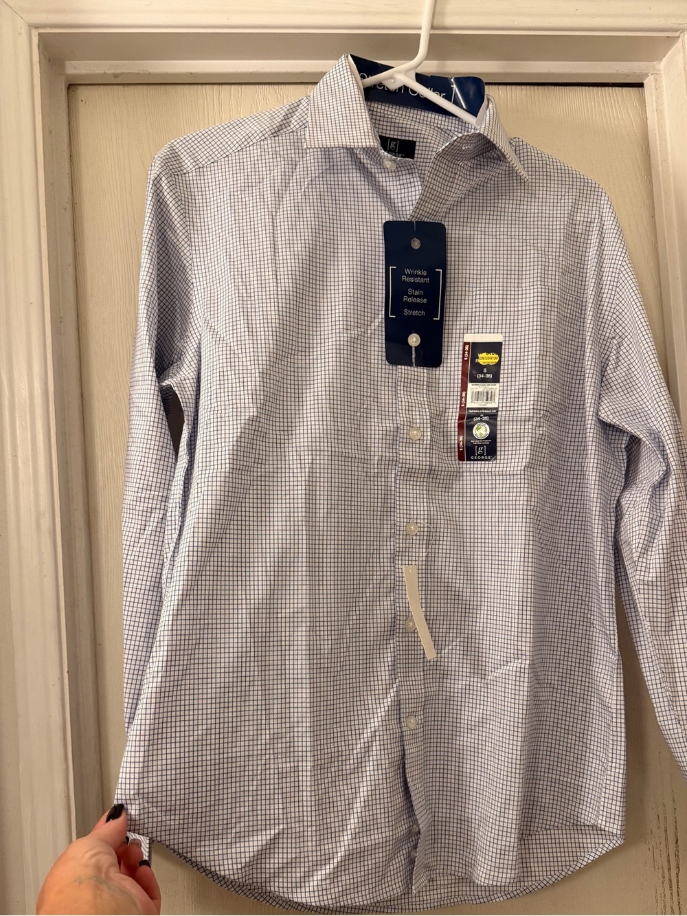 George Men's Blue and White Micro-Check Dress Shirt
